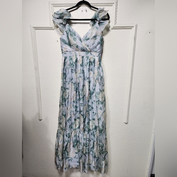 Lulus Soiree Perfection Light Blue Floral Ruffled Tiered Maxi Dress M Wedding - Picture 6 of 11